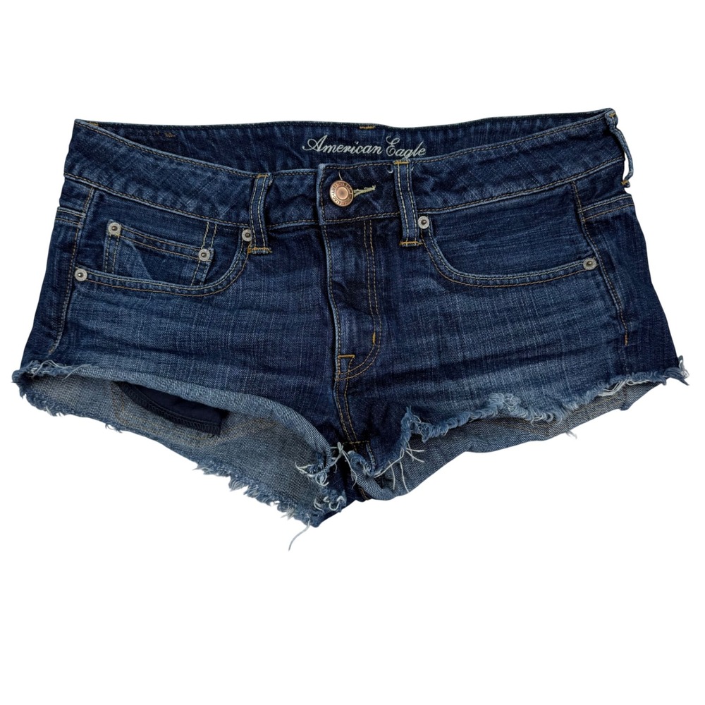 VTG Y 2K American Eagle Denim Cutoff Micro Mini Shorts Low Rise Raw Hem Size 8